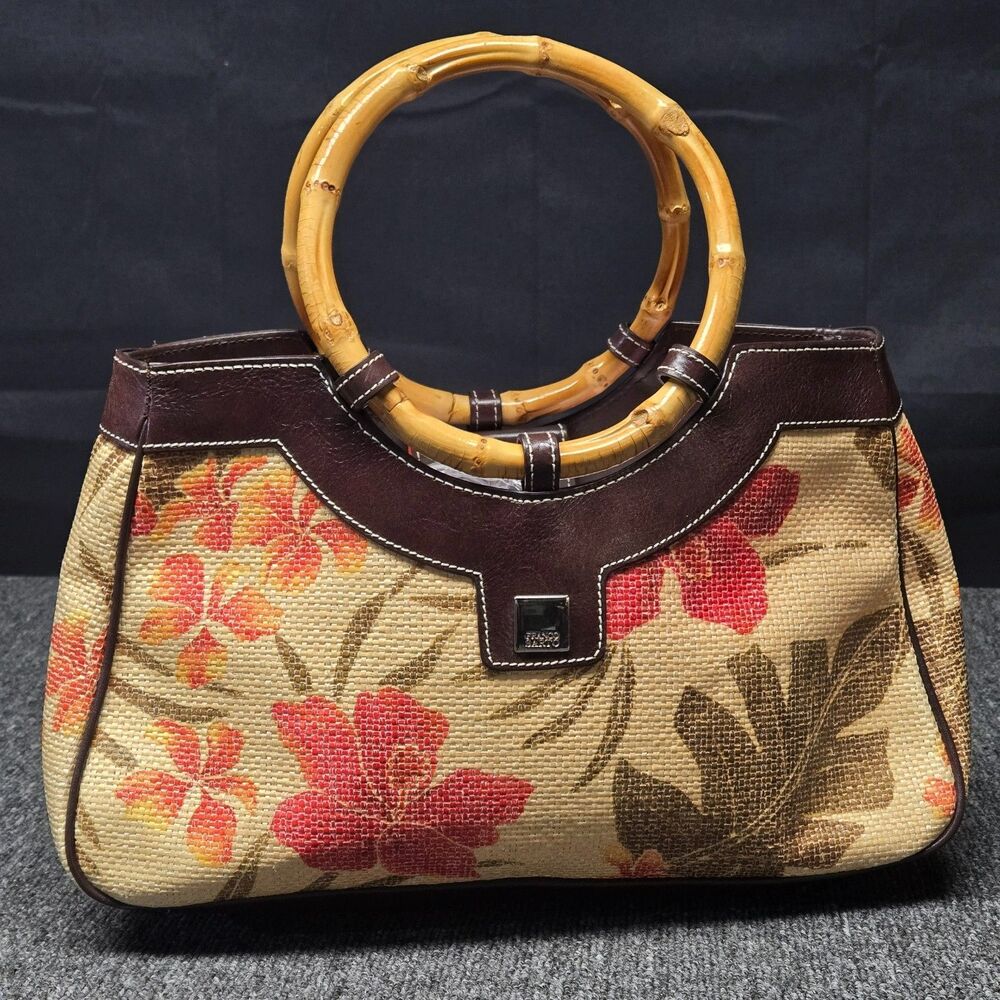 Franco Sarto Floral Bamboo Handle Tote Brown Cream Red Purse Handbag